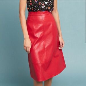 Dauphine Red PU Leather A-Line Skirt, Knee Length, Lined, Pockets ANTHROPOLOGIE
